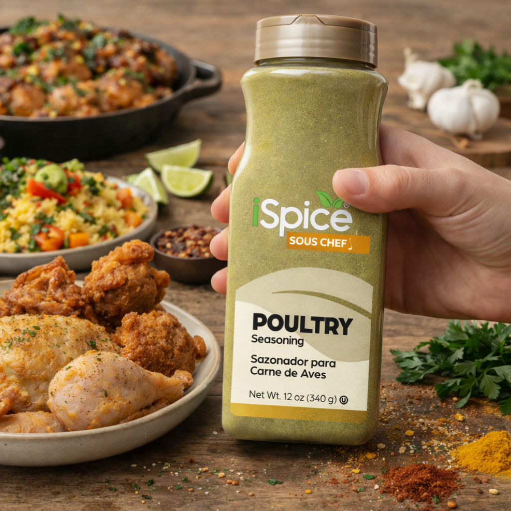 Hand holding a 'Spice Sous Chef' poultry seasoning bottle with food in the background