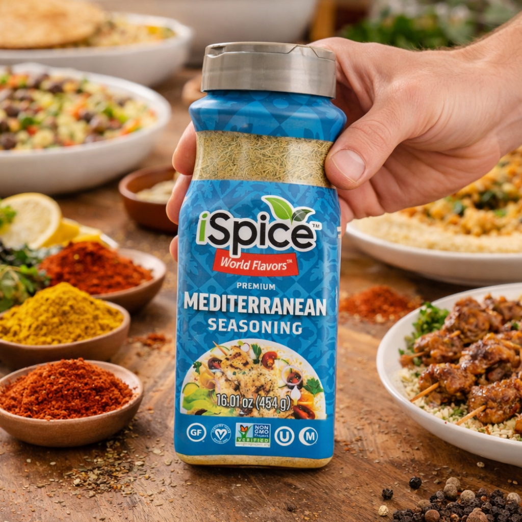 Hand holding a jar of iSpice Mediterranean seasoning with various dishes in the background