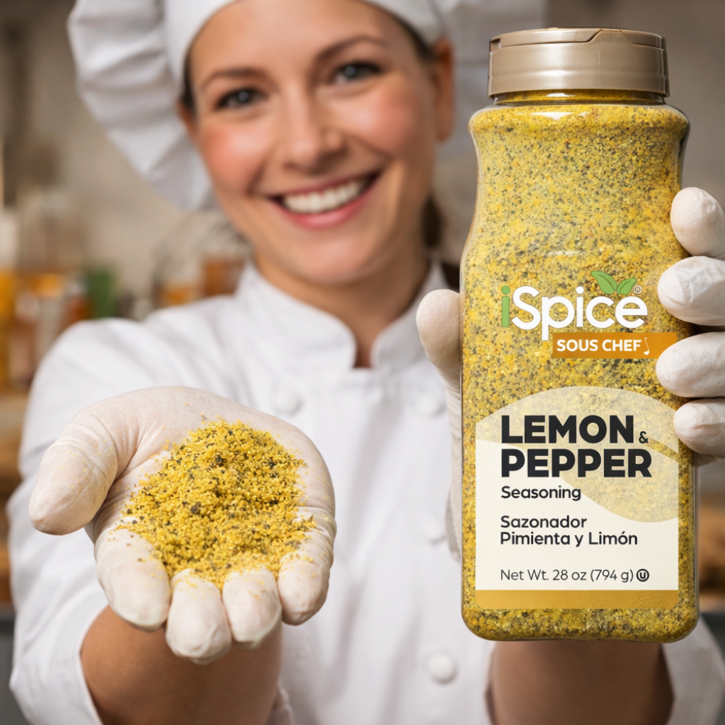 Person holding a jar of 'Lemon & Pepper' seasoning with visible spices in hand