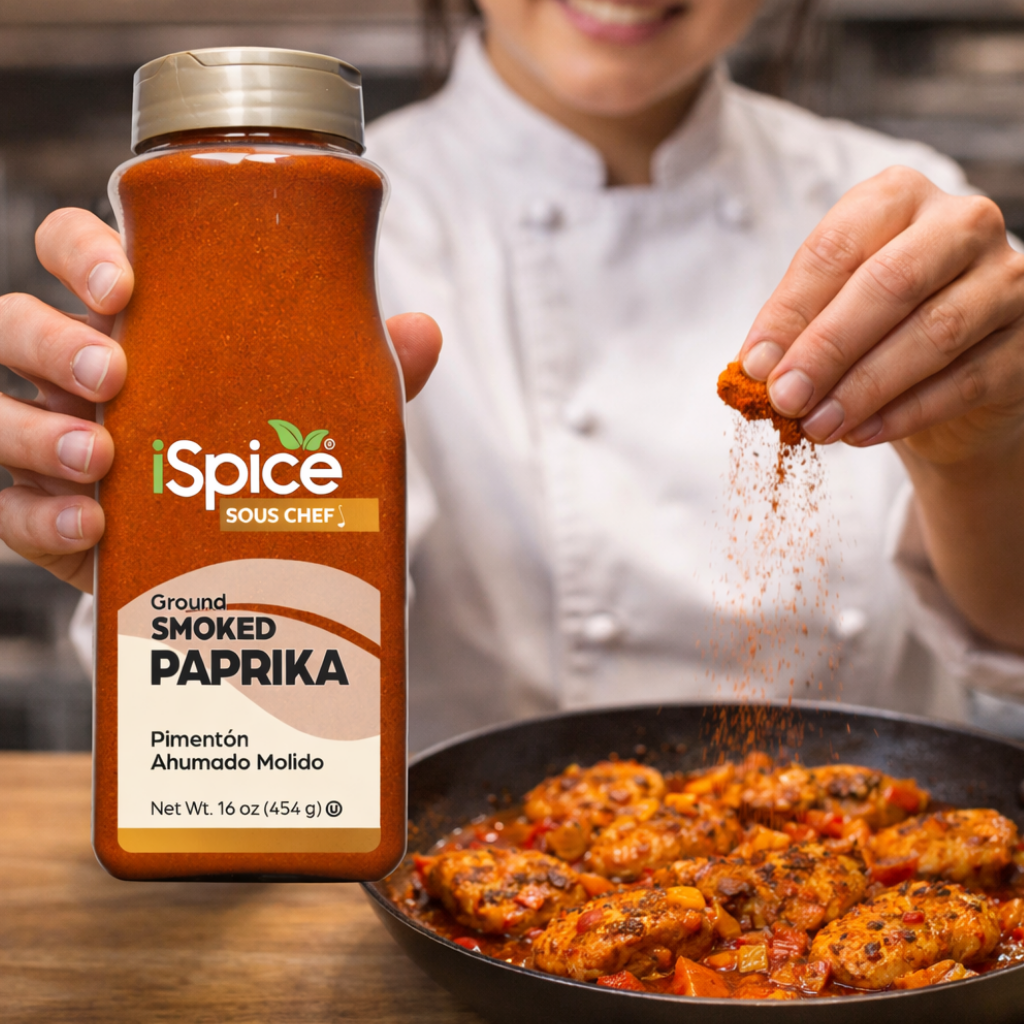Person seasoning food with iSpice Ground Smoked Paprika in a kitchen setting