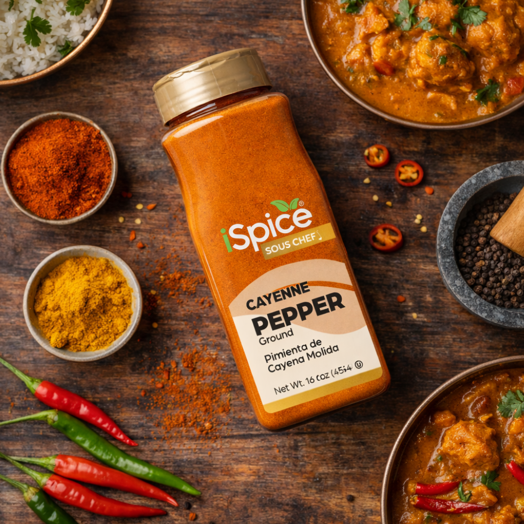 Spice Sous Chef cayenne pepper bottle on a wooden surface with spices and food around it