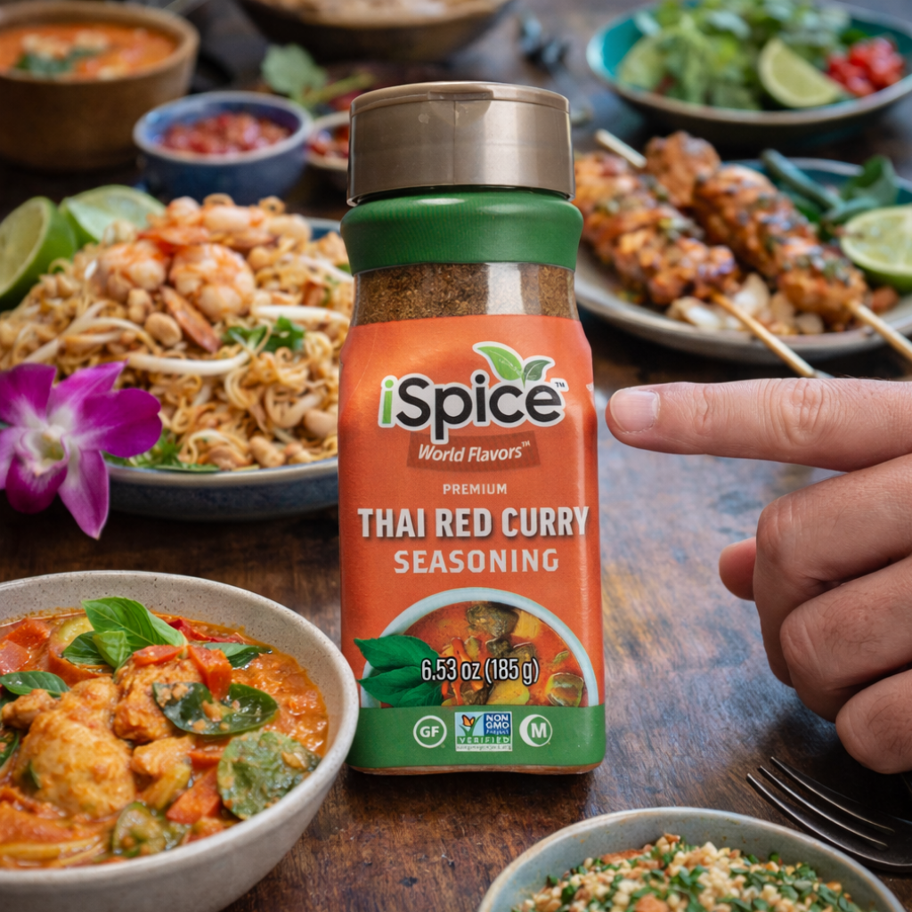 Spice World Flavors Thai Red Curry seasoning bottle with a hand pointing to it, surrounded by various dishes on a wooden table.