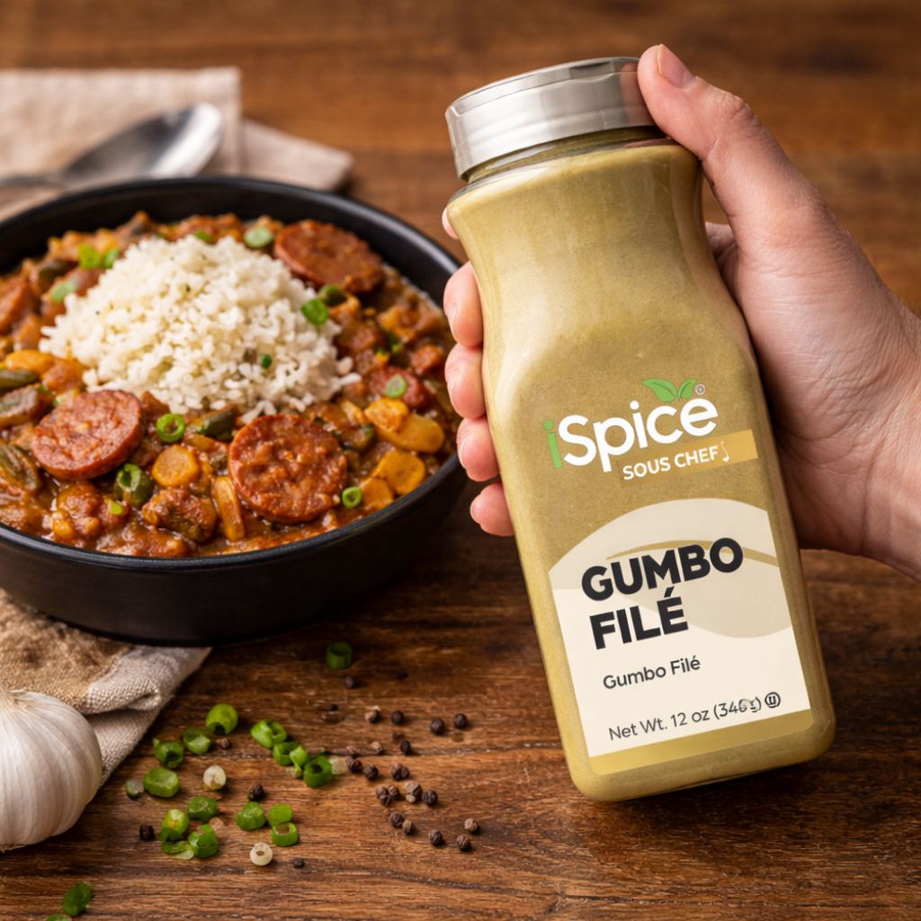 Hand holding a bottle of Spice Sous Chef Gumbo File on a wooden table with a bowl of gumbo.