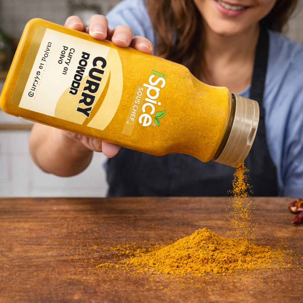 Person pouring curry powder from a spice jar labeled 'Curry Rondu' on a wooden surface.