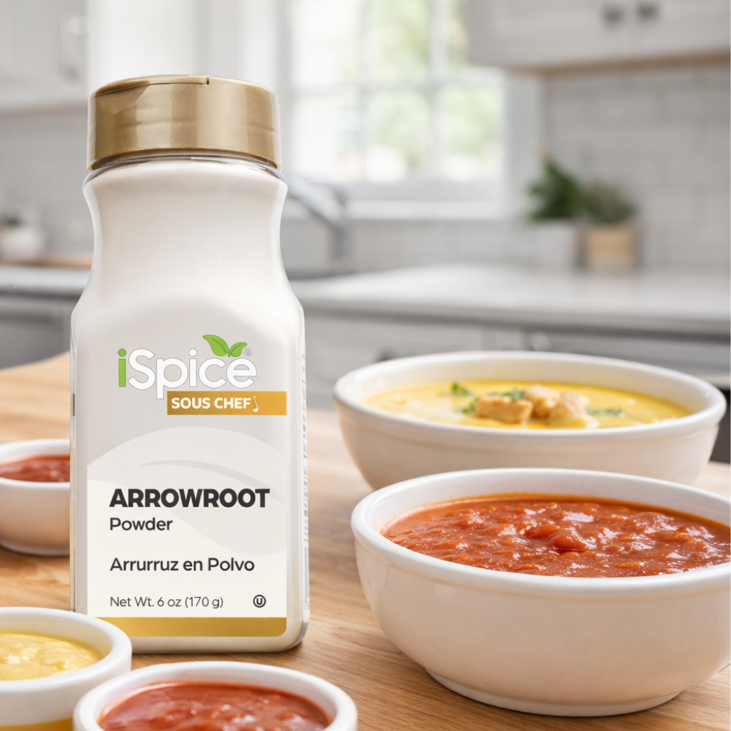 iSpice Sous Chef Arrowroot Powder bottle with bowls of food in a kitchen setting