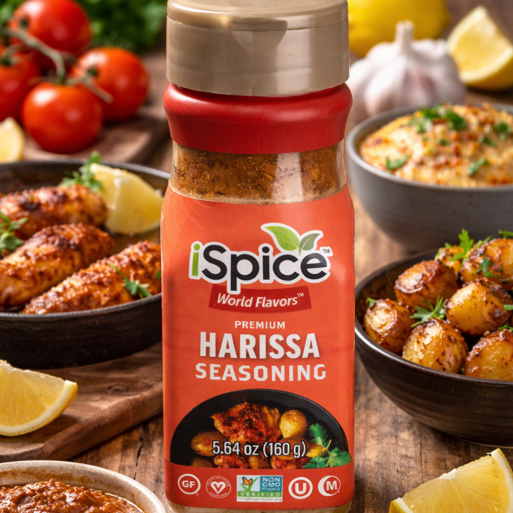 iSpice Harissa Seasoning bottle with food items in the background
