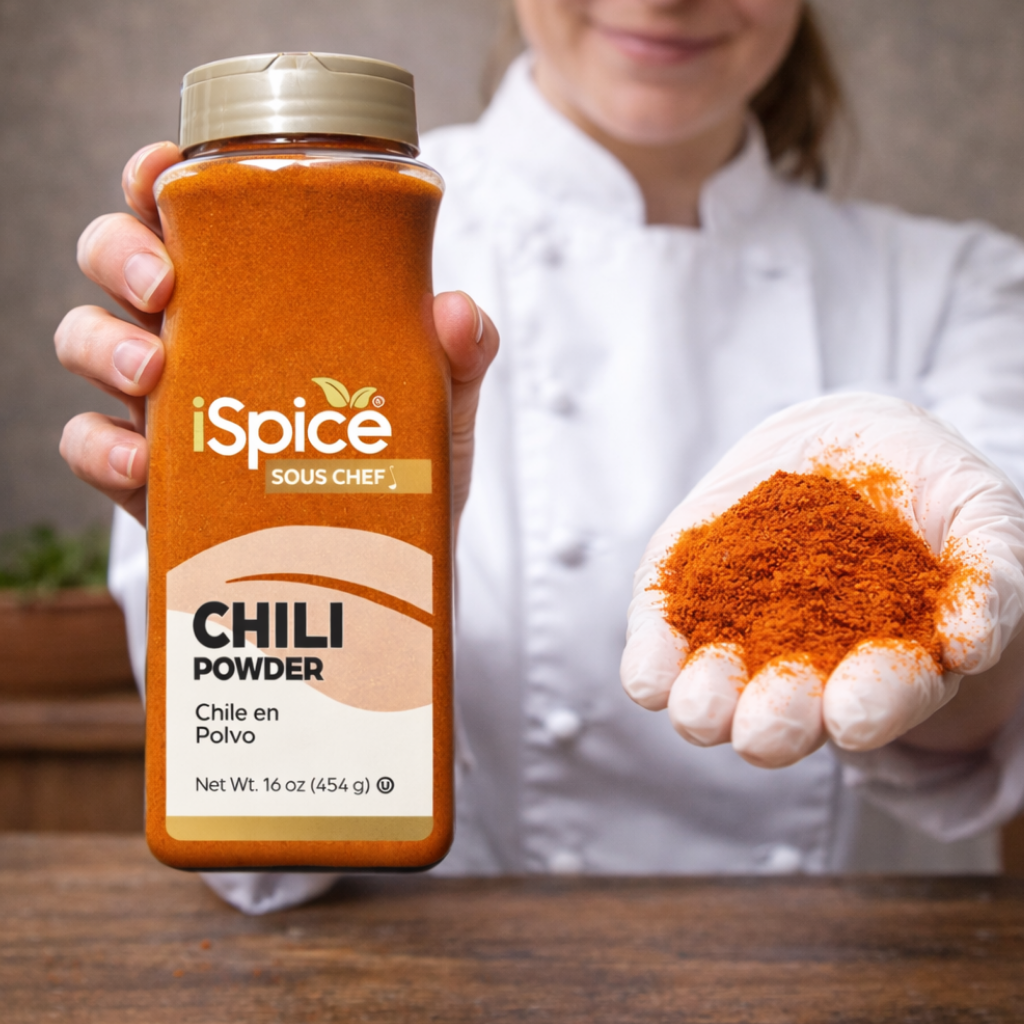 iSpice chili powder 16 oz bottle with cooking ingredients and spicy dishes in overhead food photography