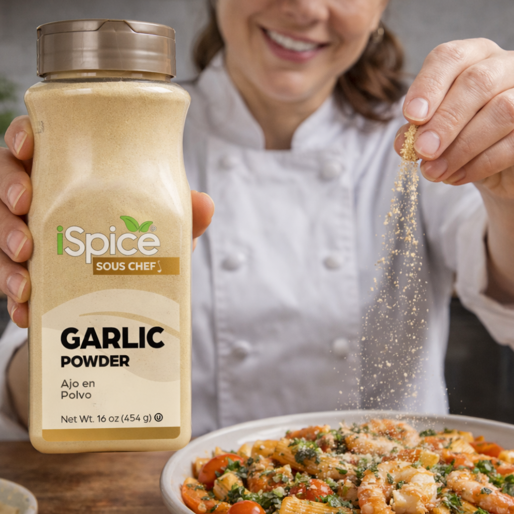 Person sprinkling garlic powder from a 'iSpice Sous Chef' container onto a dish.