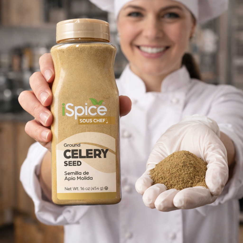 Person holding a bottle of 'iSpice Sous Chef' celery seed with a kitchen background