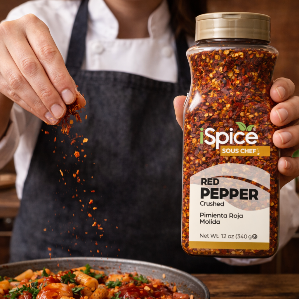 Person sprinkling red pepper flakes from a 'iSpice' jar onto a dish.