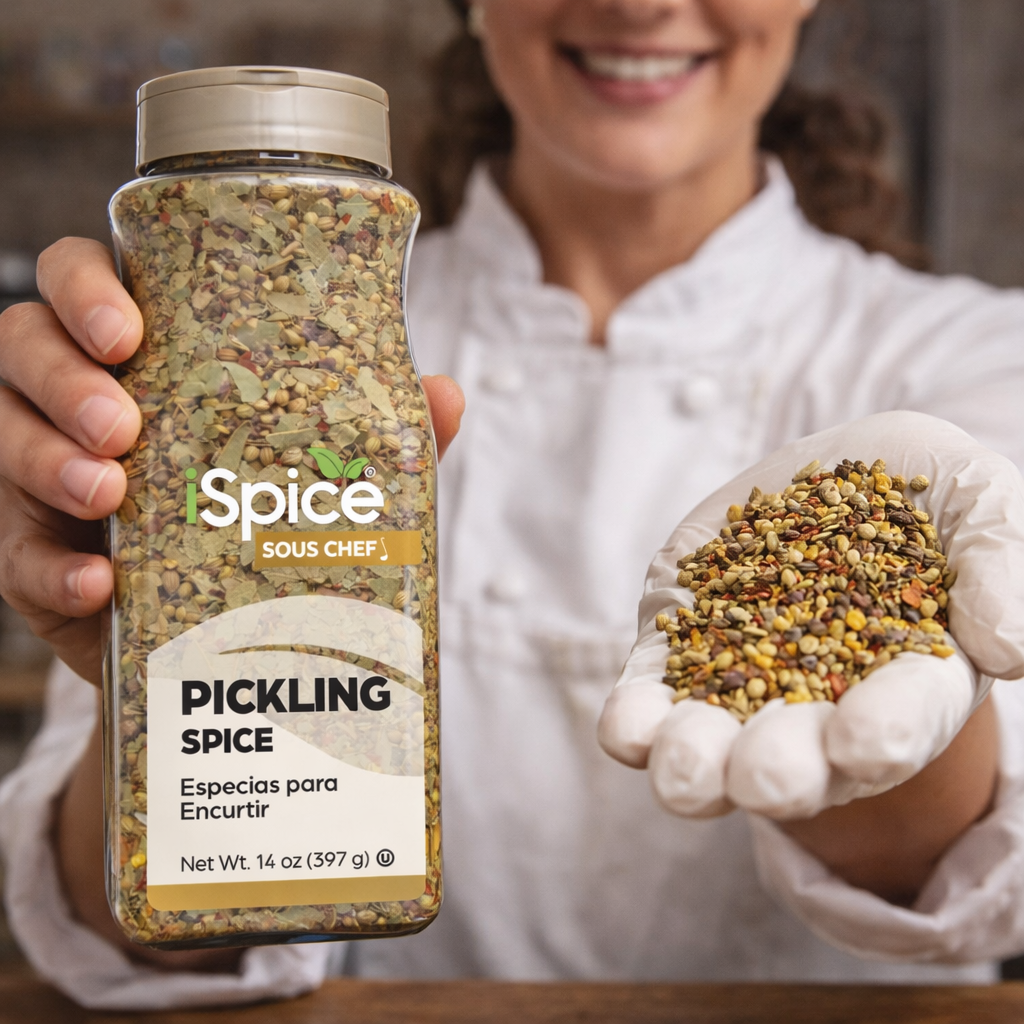 Person holding a jar of 'iSpice Sous Chef' pickling spice and showing a handful of spice.