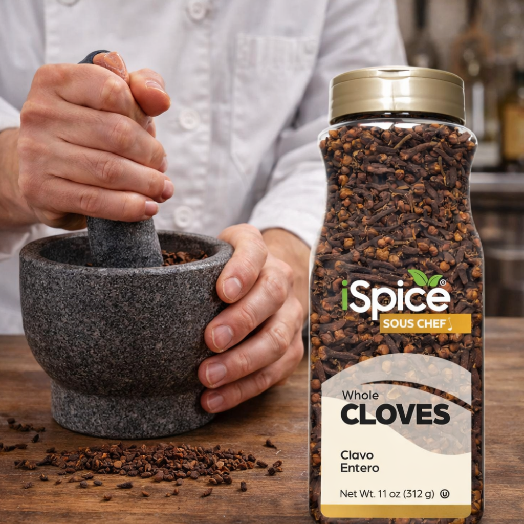 Person using a mortar and pestle with a bottle of iSpice whole cloves on a wooden surface.
