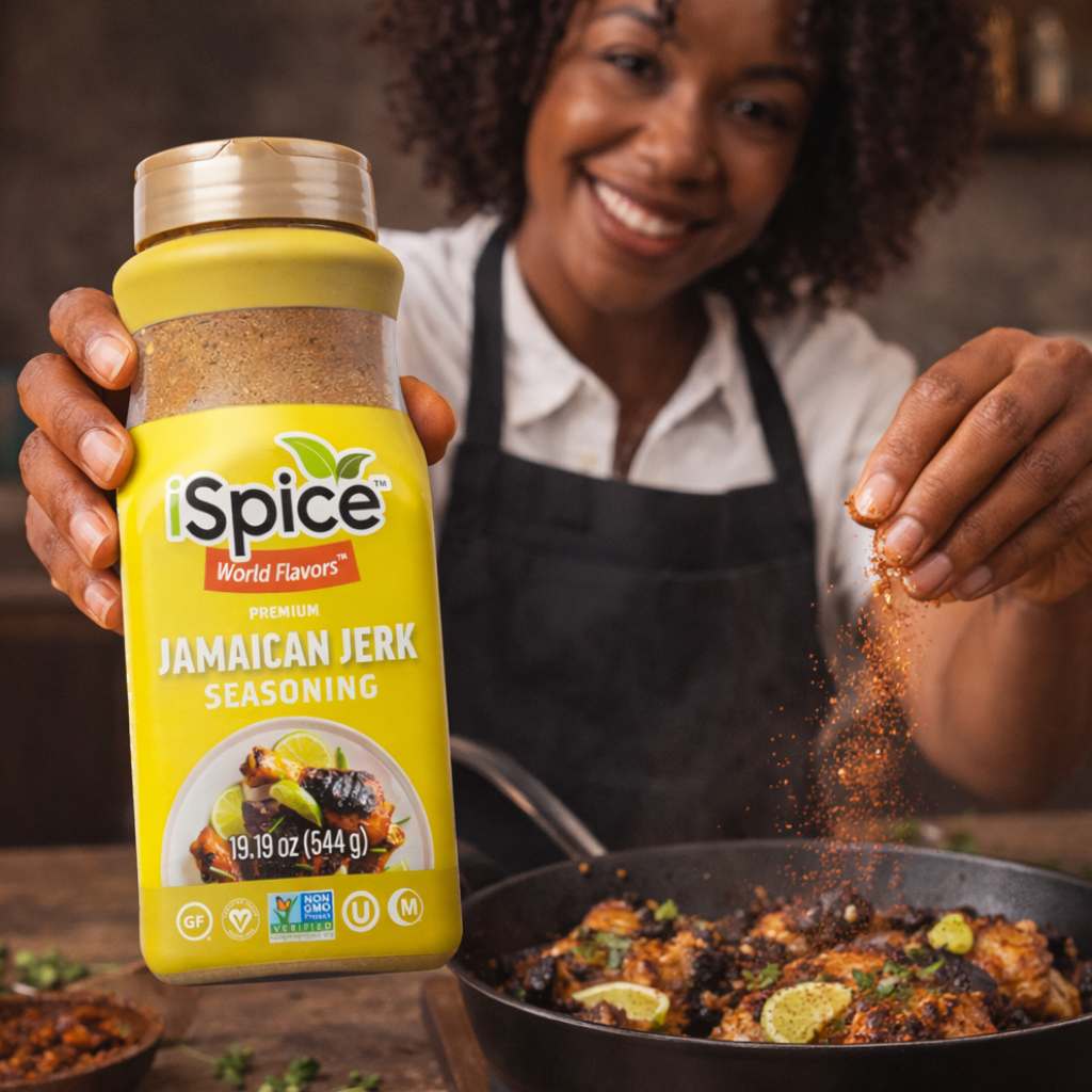 Person holding a jar of 'iSpice' Jamaican jerk seasoning and sprinkling it over food.