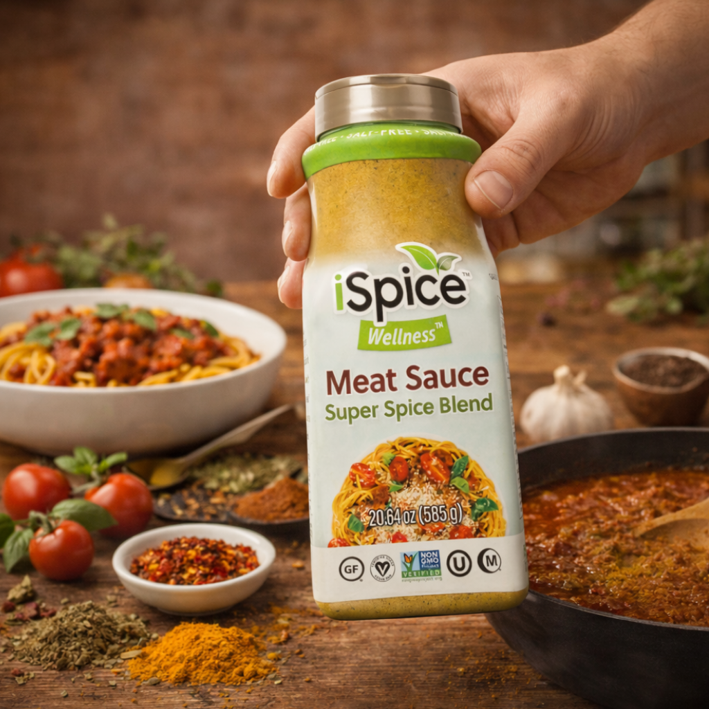 Hand holding a bottle of iSpice Wellness Meat Sauce Super Spice Blend with a background of cooking ingredients and a dish of pasta.