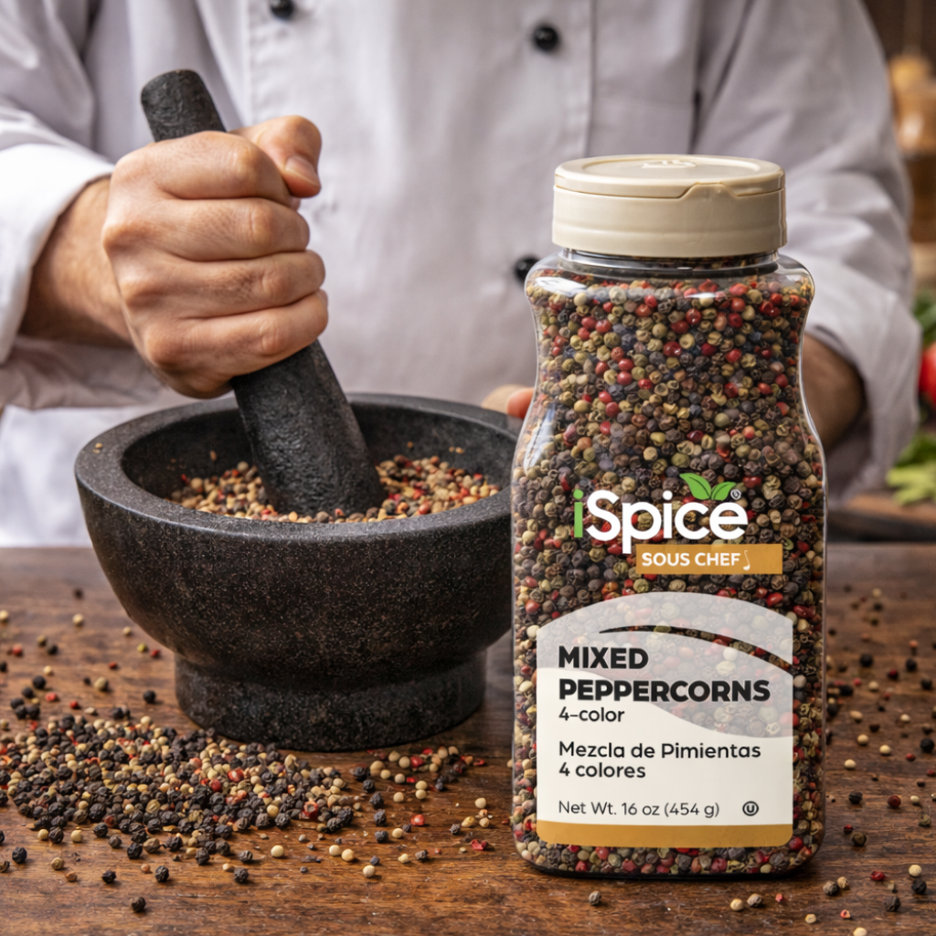 Spice jar labeled 'Sous Chef' with mixed peppercorns next to a mortar and pestle on a wooden surface.