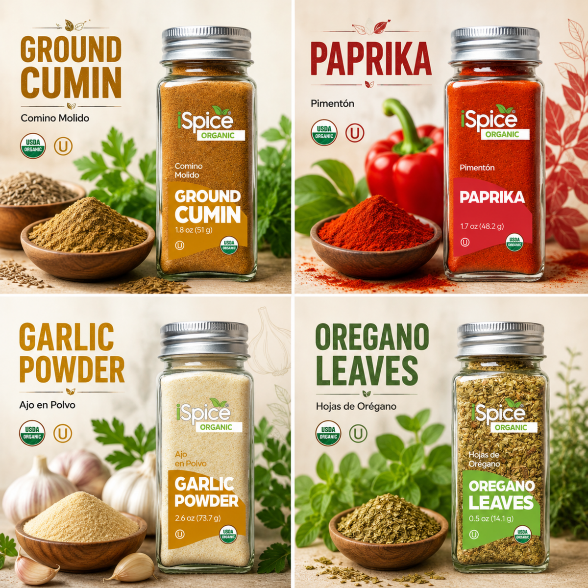 Four spice packages with labels for Ground Cumin, Paprika, Garlic Powder, and Oregano Leaves on a neutral background.