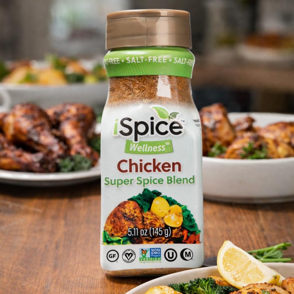 Spice Wellness Chicken Super Spice Blend bottle with roasted chicken and vegetables in the background