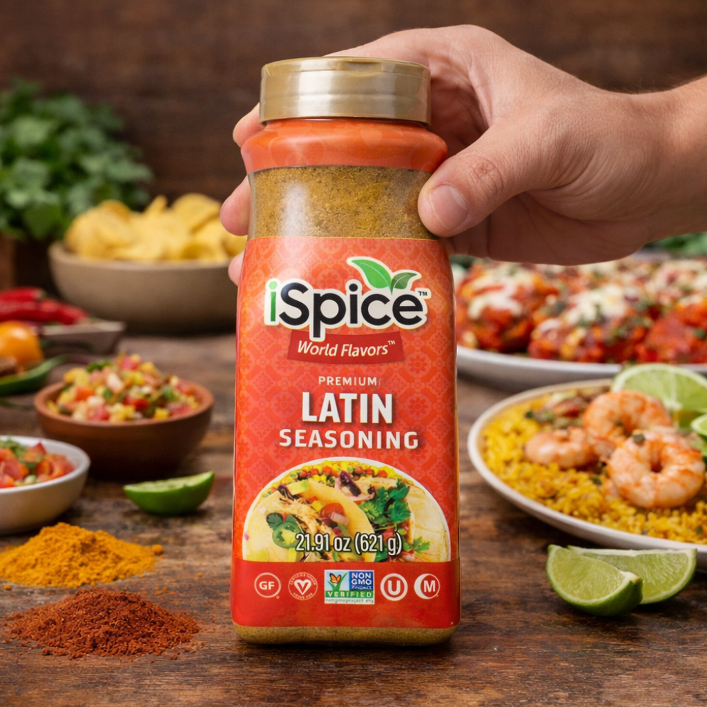 Hand holding a bottle of iSpice Latin seasoning with food in the background