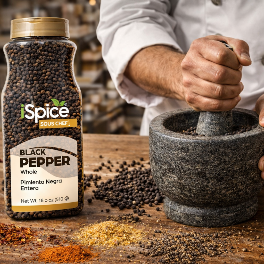 Sous Chef black pepper jar with a person using a mortar and pestle on a wooden surface.