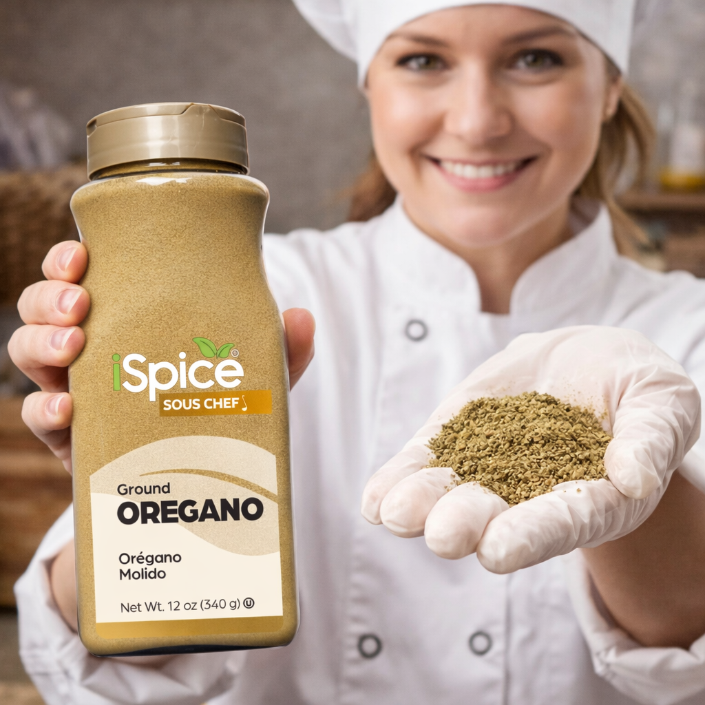 Person holding a jar of 'Spice Sous Chef' oregano with a kitchen background