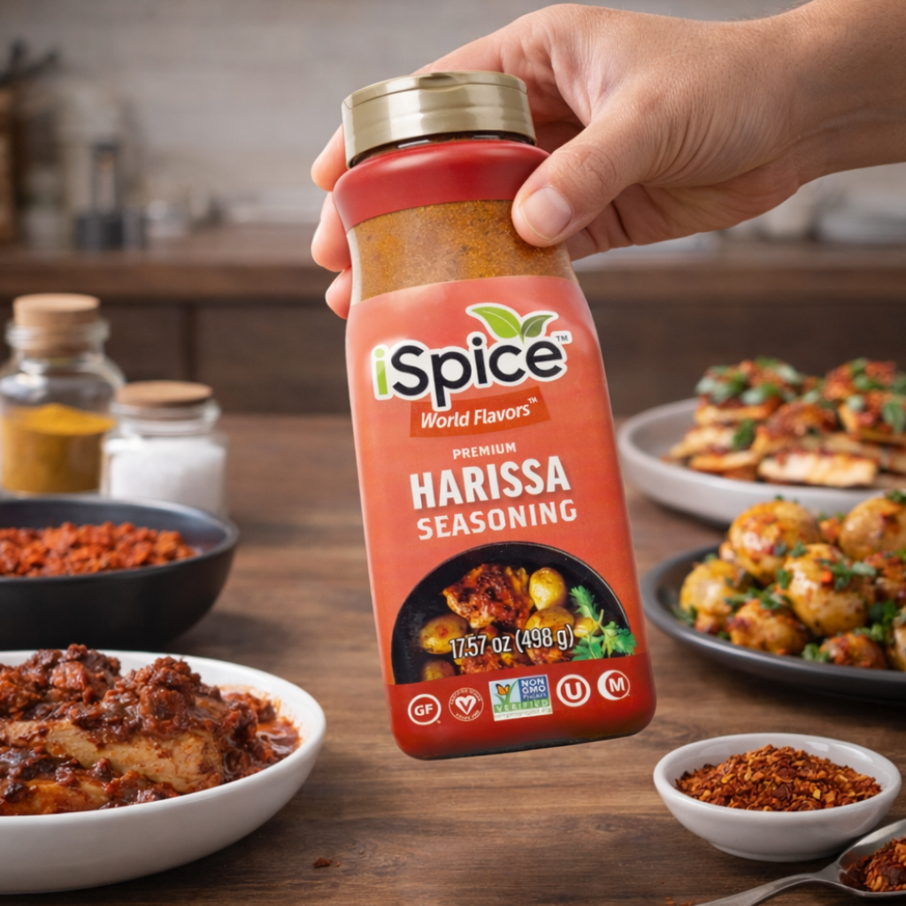 overhead shot of harissa spice bottle with rustic table and assorted spices and bowls