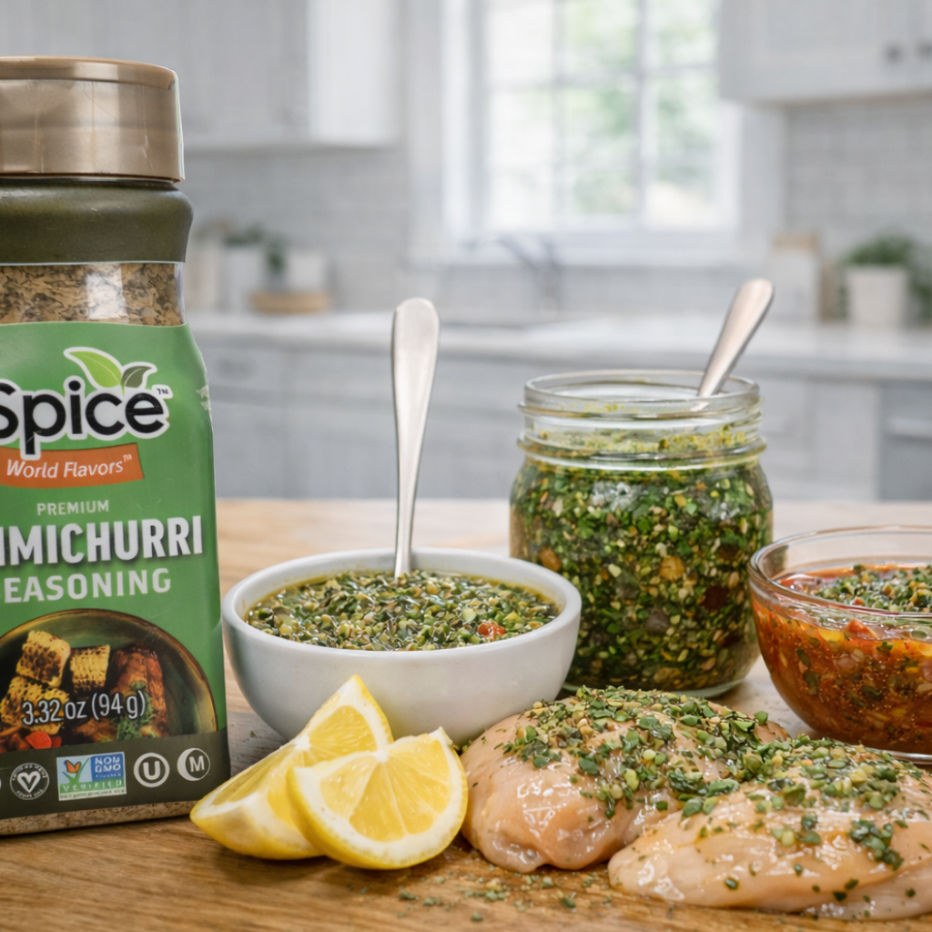 Spice World Flavors chimichurri seasoning jar with bowls of chimichurri, chicken, and lemon slices on a wooden surface.