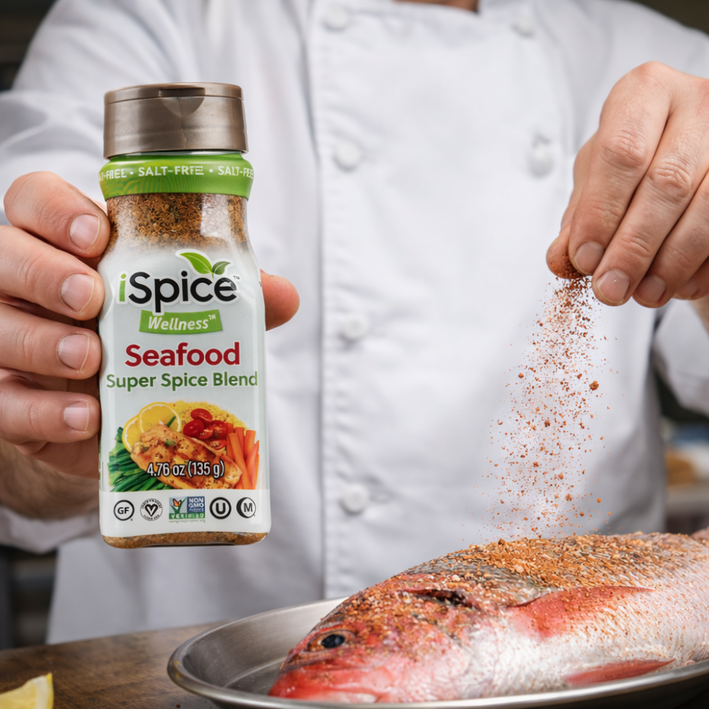 Person seasoning a fish with iSpice Wellness Seafood Super Spice Blend