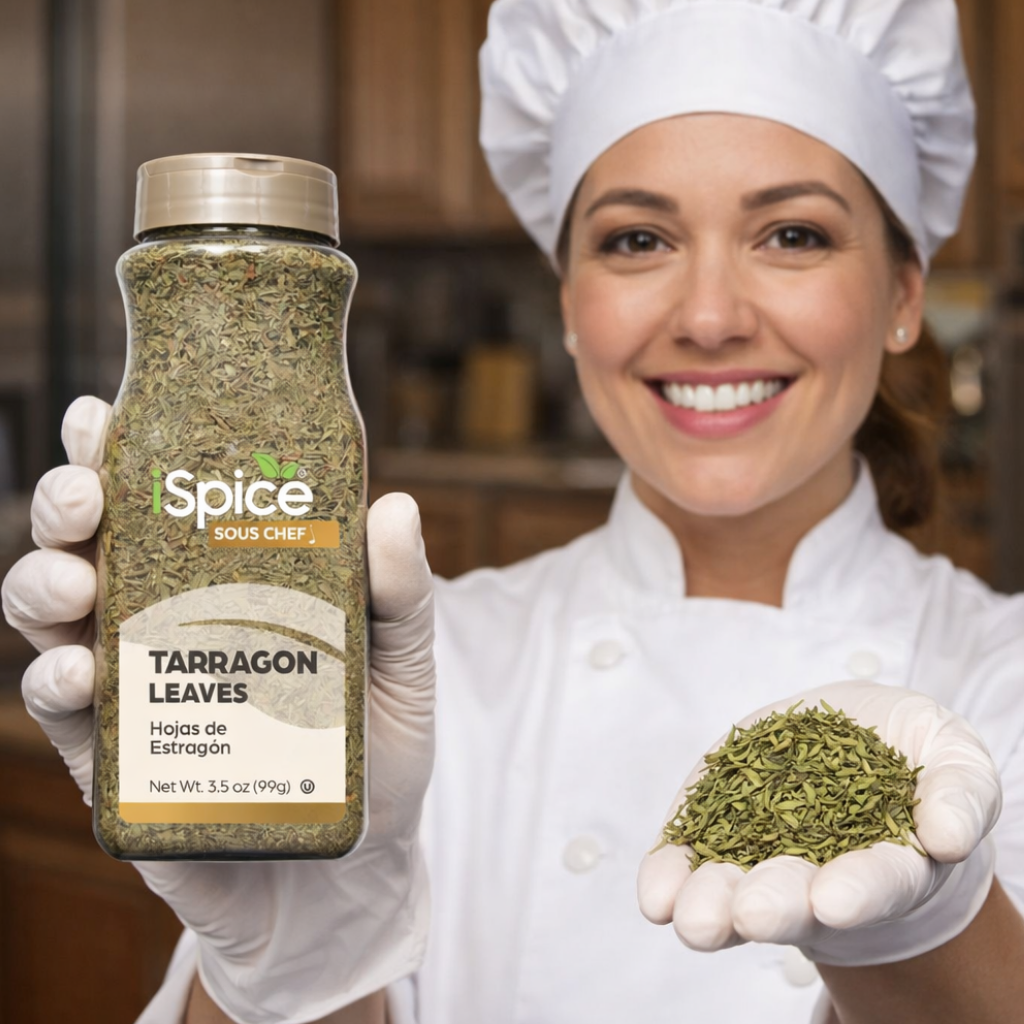 Person holding a jar of ' spice sous chef' tarragon leaves with a kitchen background