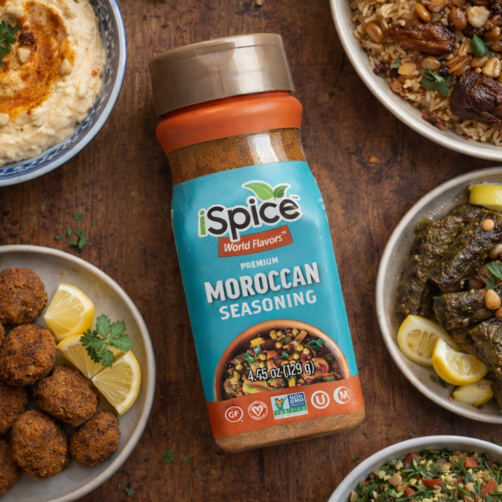 iSpice Moroccan seasoning bottle on a wooden table with various dishes.