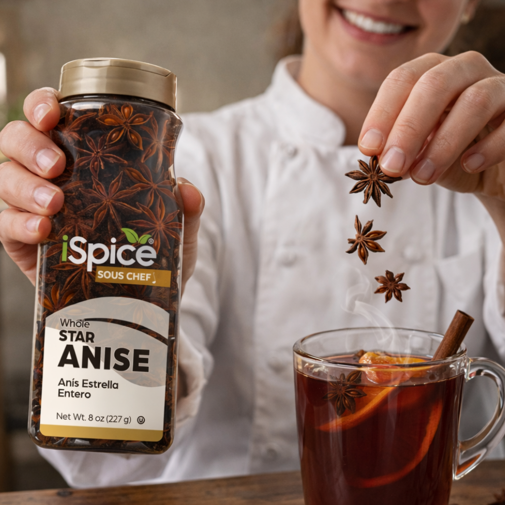 Person holding a bottle of iSpice star anise with a cup of hot beverage in the background