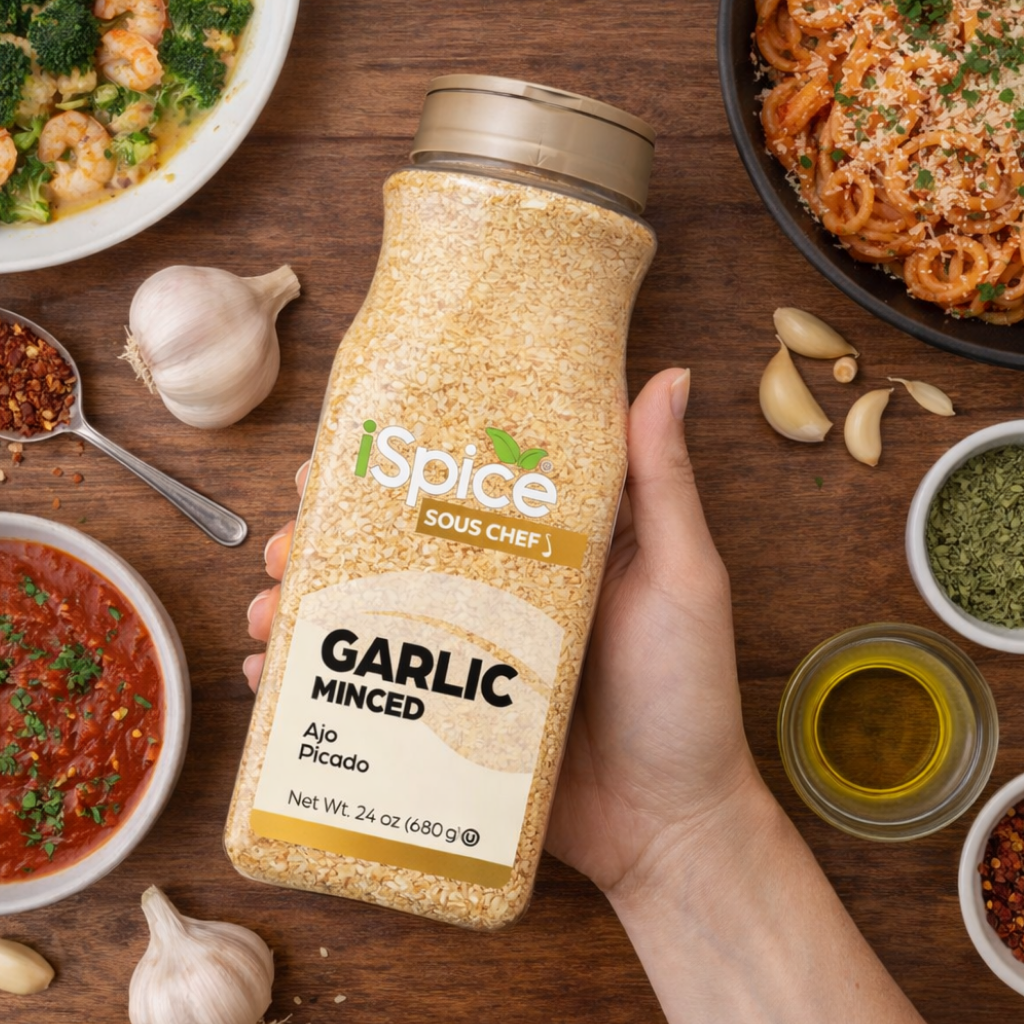 Hand holding a bottle of 'iSpice Sous Chef' minced garlic with cooking ingredients on a wooden surface.