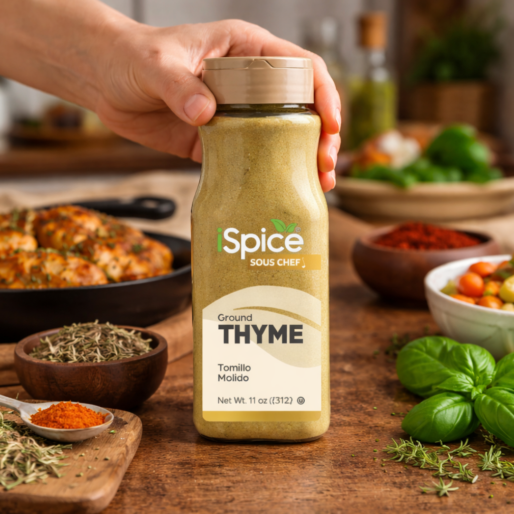 Hand holding a bottle of Spice Sous Chef ground thyme on a wooden table with cooking ingredients in the background.
