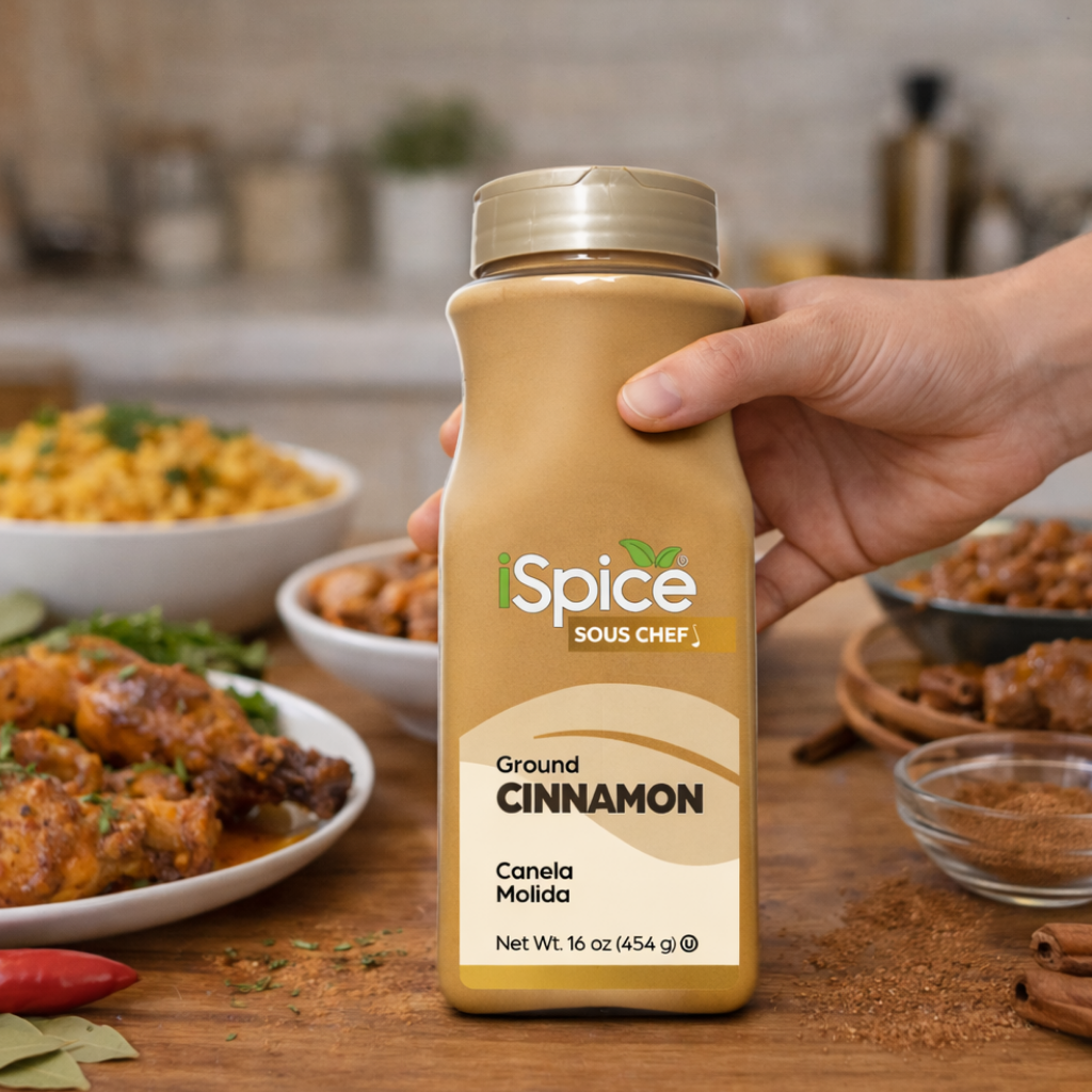 Hand holding a bottle of 'iSpice Sous Chef' ground cinnamon with a kitchen background
