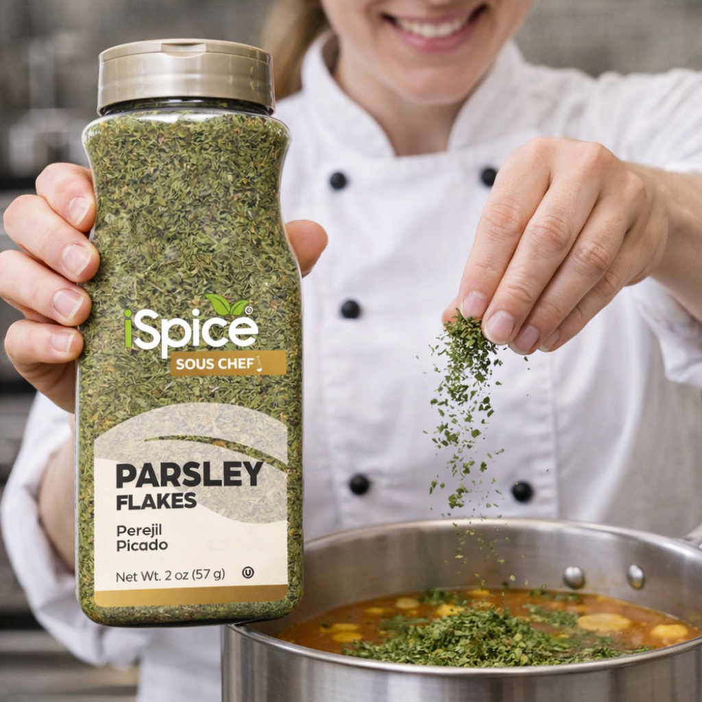 Person sprinkling parsley flakes from a jar labeled 'iSpice Sous Chef' into a pot.