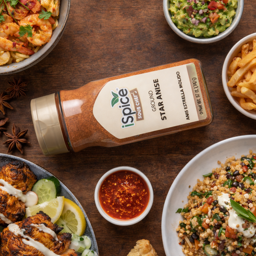 Spice brand star anise ground spice bottle on a wooden table with various dishes.