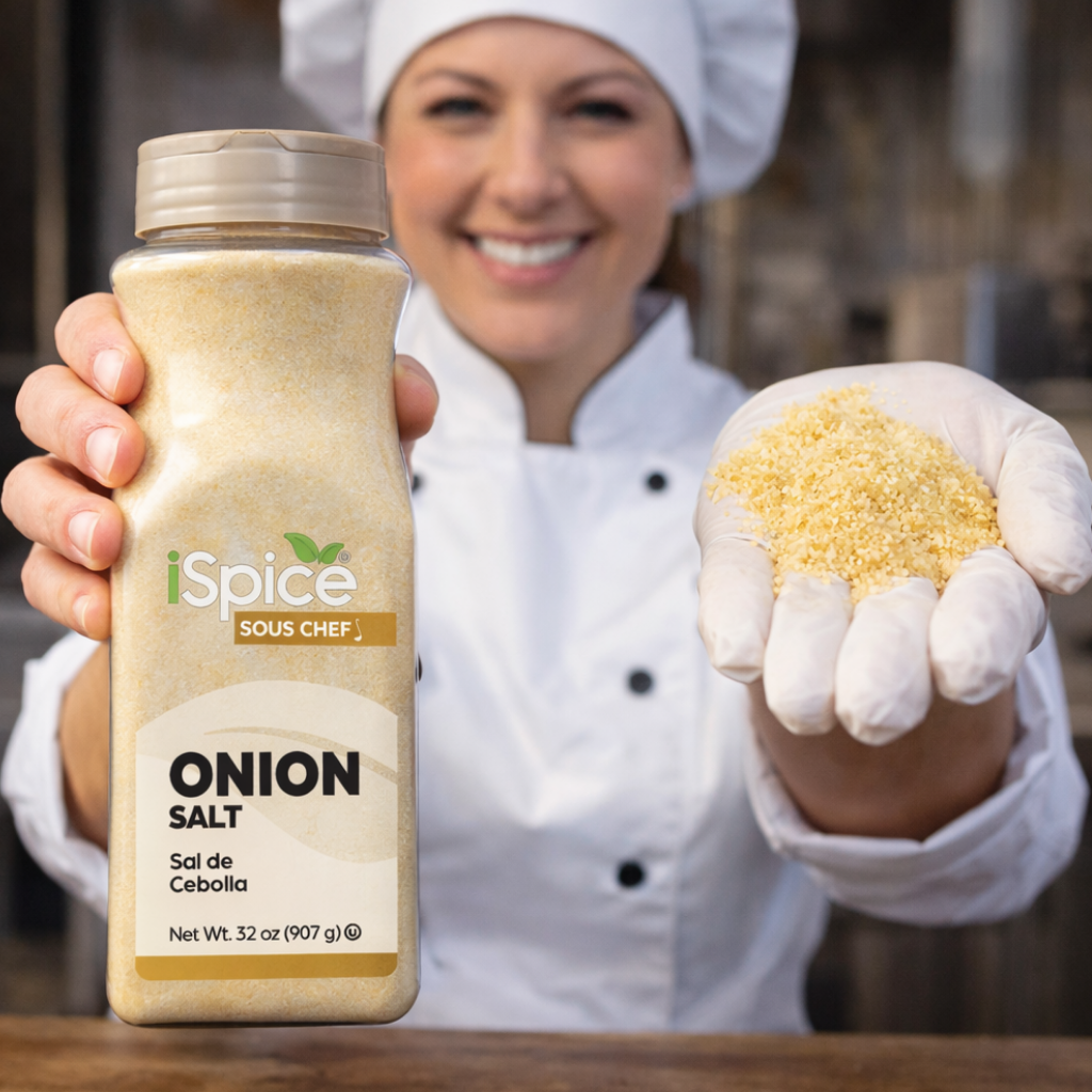 Person holding a bottle of iSpice Onion Salt and showing a handful of salt.