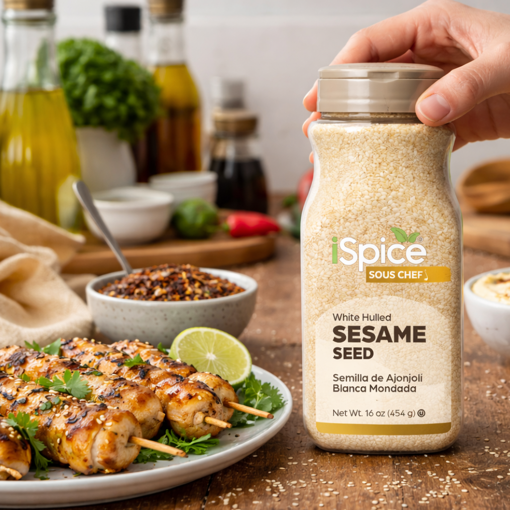 Hand holding a jar of iSpice White Hulled Sesame Seed with a cooking scene in the background