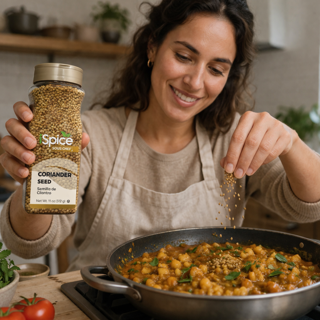 Woman cooking in a kitchen, holding a jar of coriander seeds and sprinkling them into a pan.