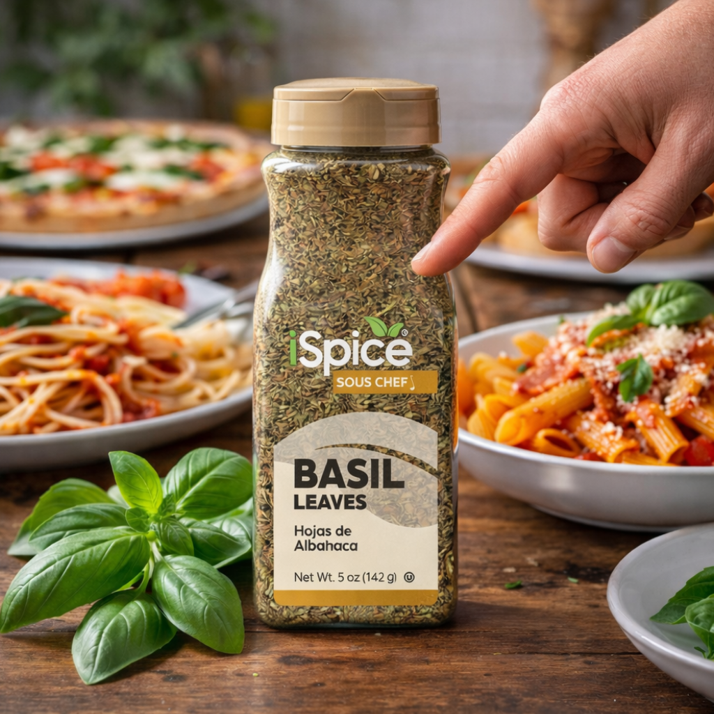 Bottle of 'iSpice Sous Chef' basil leaves on a table with pasta dishes in the background