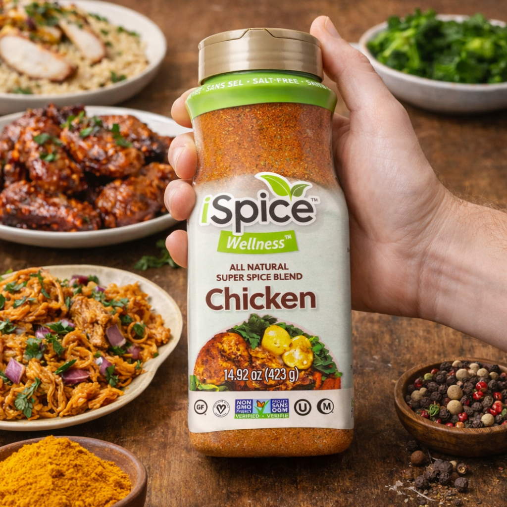 Hand holding a bottle of iSpice Wellness Chicken spice blend with food in the background