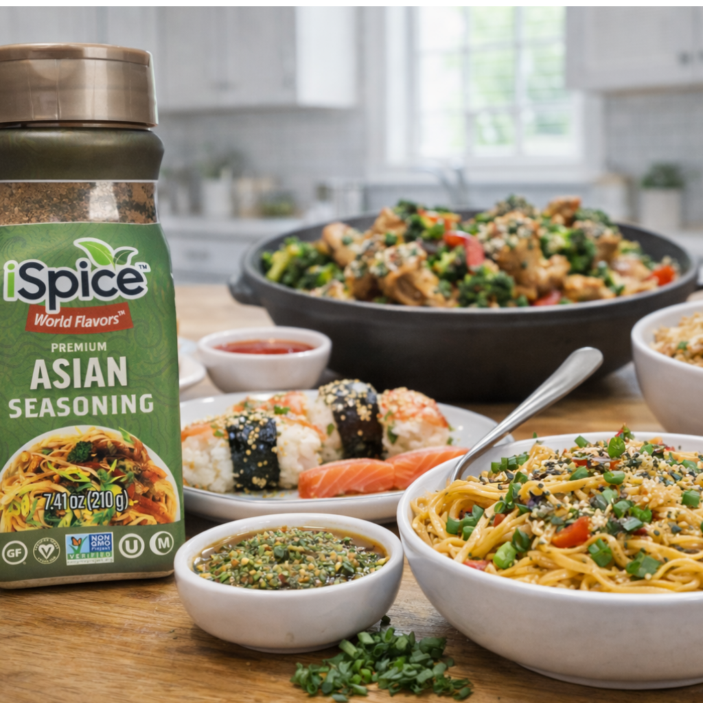 iSpice World Flavors Asian seasoning jar with bowls of food including noodles and sushi in a kitchen setting.