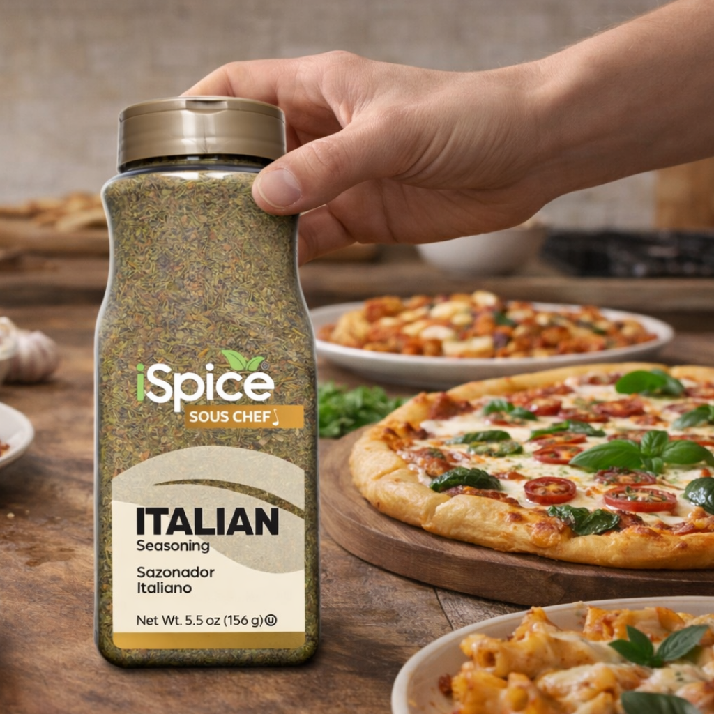 Spice bottle labeled 'Sous Chef' with a pizza and pasta in the background