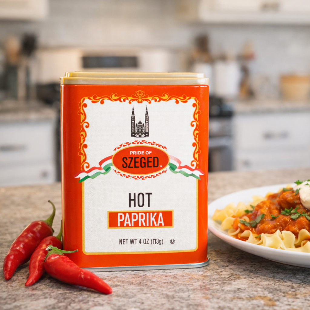 Pride of Szeged hot paprika can with red peppers on a kitchen counter
