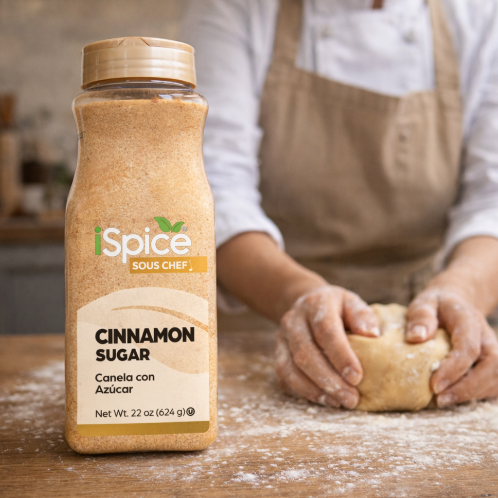 Bottle of iSpice Cinnamon Sugar with person in apron working with dough in background