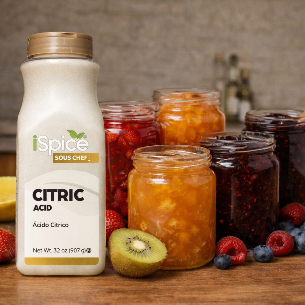iSpice Citric Acid bottle with jars of jam and fruits on a wooden surface
