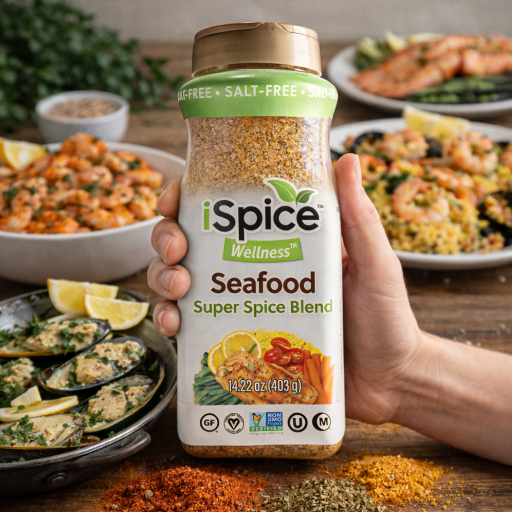 Hand holding a bottle of iSpice Wellness Seafood Super Spice Blend with a background of prepared seafood dishes.