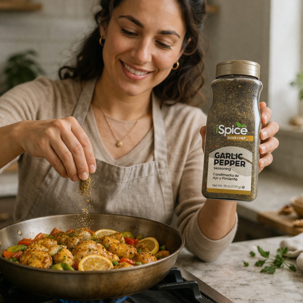 Woman cooking and adding garlic pepper to a dish