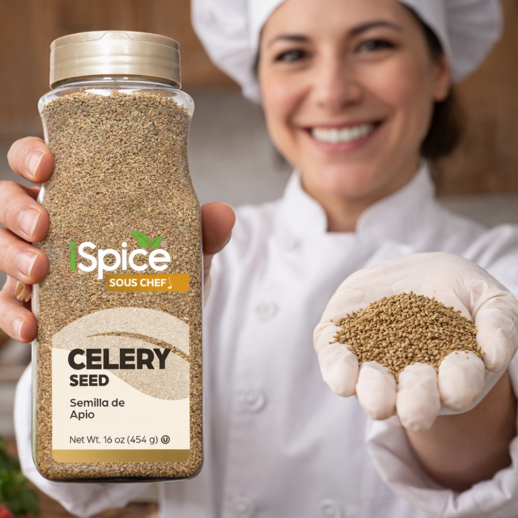 Person holding a jar of Spice Sous Chef celery seed and showing a handful of seeds.
