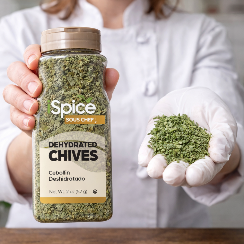 Person holding a container of 'Spice Sous Chef' dehydrated chives with a small amount in a gloved hand.