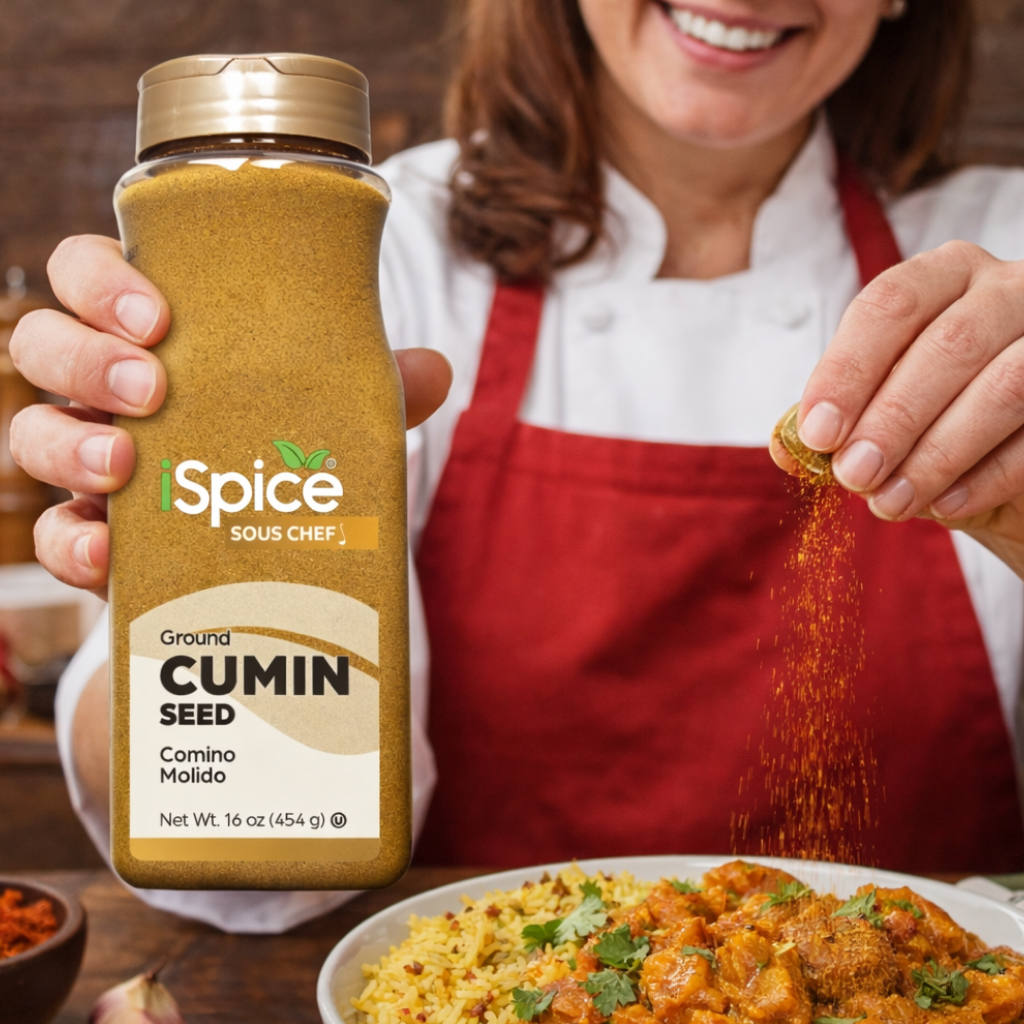 Person in a kitchen holding a jar of 'iSpice Sous Chef' cumin seed with a dish in the background.